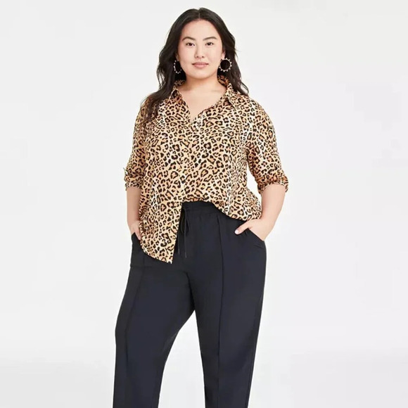 On 34th Created for Macy's Leopard Print Button-Front Crepe Shirt in Size 3X - Picture 2 of 14